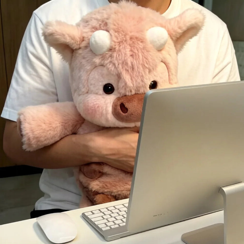 Person holding a pink plush coo bank in front of a computer setup